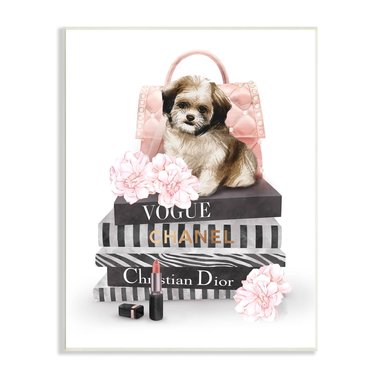 Stupell Industries Fluffy Puppy on Fashion Books Pink Florals Wall Plaque